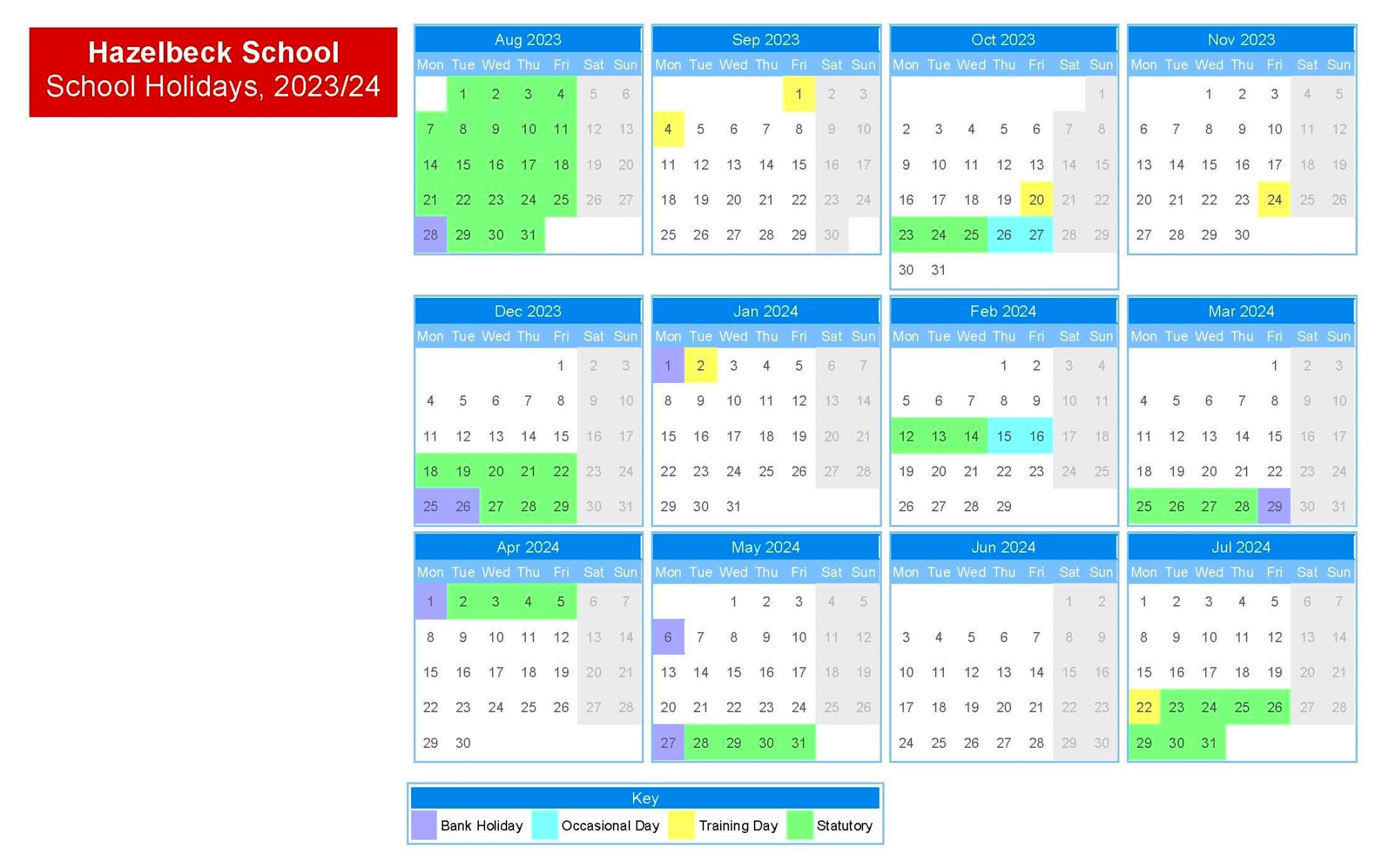 Hazelbeck School Holiday Dates